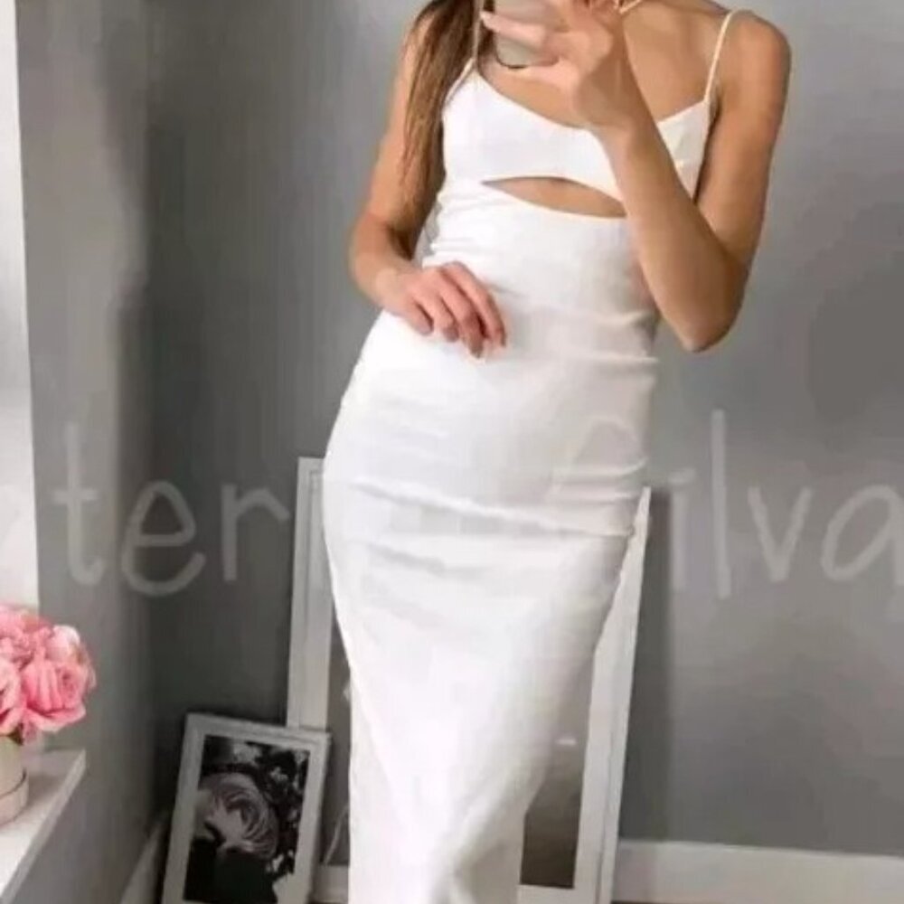 ZARA CUT-OUT bust Lace up Back Linen Blend Midi SIZE L DRESS 7385/220 - Picture 2 of 7